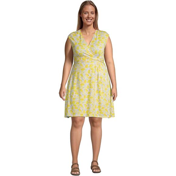 Lands' End Women's Surplice Dress Sun Yellow Lemon Check Sleeveless Plus 1X - Picture 1 of 2